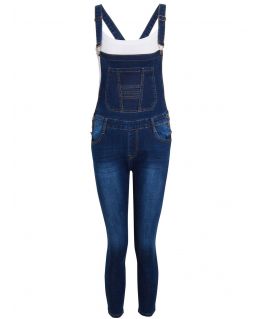 Girls Slim Fit Stretch Dark Denim Blue Dungarees, Ages 7 to 16 Years