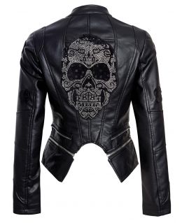 Faux leather Skull Biker Jacket, Black, Stone, UK sizes 8 to 14
