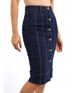 Stretch Denim Button Through Straight Skirt, Indigo, UK Sizes 8 to 14
