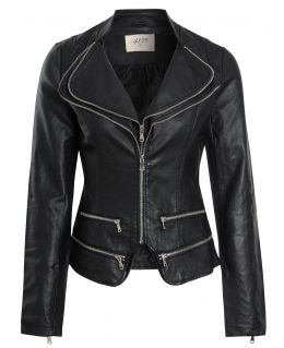 Womens Faux leather Biker Jacket with Double Zip Collar, Off White, Black, UK Sizes 8 to 16UK