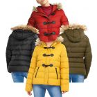 Womens Puffer Jacket Padded Parka with Faux Fur Trim, Mustard, Black, Red, Khaki, Plus Sizes 18 to 24