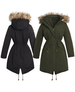 Fleece Lined Faux Fur Fishtail Parka Coat, Black, Khaki, UK Sizes 8 to 16