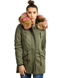 NEW Womens FAUX FUR PARKA CANVAS PADDED JACKET COAT Size 8 10 12 14 16 Khaki