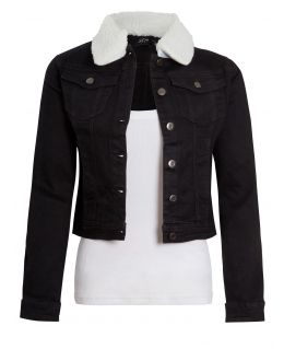 Borg Collar denim Jacket, Black, Pink, UK Sizes 6 to 14