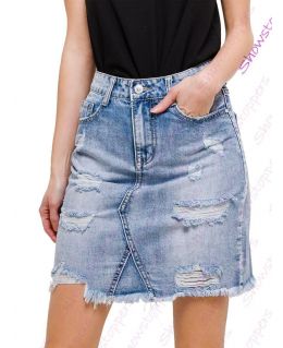 Blue Stonewashed Distresssed Denim Skirt