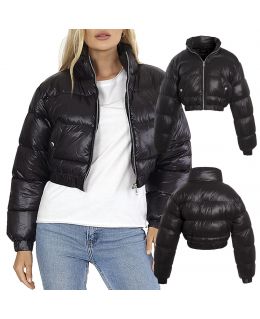 Womens Cropped Puffer Jacket, Black Shine, UK Sizes 8 to 16
