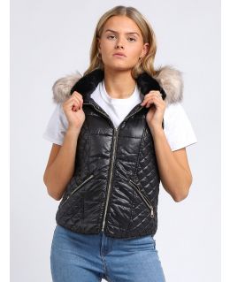 Womens Faux Fur Quilted Gilet, Black, Champagne, UK Sizes 8 to 16