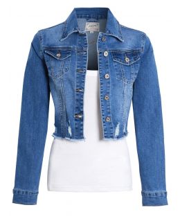 Womens Distressed Stretch Cropped Length Denim Jacket, UK Sizes 6 to 14