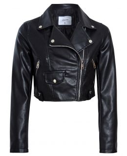 Cropped Biker Jacket in Faux Leather, Black, Off White, UK Sizes 8 to 14