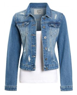 Womens Distressed Denim Jacket, Denim Blue, UK Sizes 8 to 16