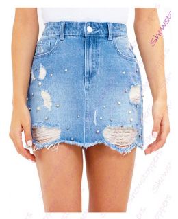 Blue Distressed Denim Skirt with Pearl Detailing
