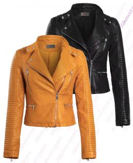  Mustard Faux Leather Biker Jacket with Stitched Panel Detailing