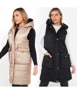 Quilted Padded Longline Gilet, Stone, Black, UK Sizes 8 to 14