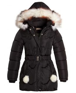Girls Tik Tok Quilted Faux Fur Parka Coat, Black, Grey, Pink, Red, Stone, Lilac, Ages 3 to 14 Years