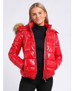 Womens Wet Look Luxurious Faux Fur Puffer Coat, UK Size 8 to 16, Black, Red
