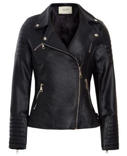 Quilted Shoulder Detail Biker Jacket, Black PU, UK Sizes 6 to 16
