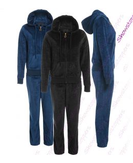 Womens Velour Suit Ladies Loungewear Size 8 10 12 14 Navy Blue Black Tracksuit