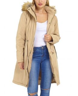 Womens Parka Coat with Faux Fur Fleece hood, Stone, Khaki, UK Sizes 8 to 16