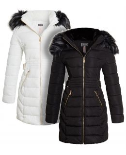 Womens Faux Fur Parka Coat, Off White, Black, Grey, UK Sizes 8 to 16