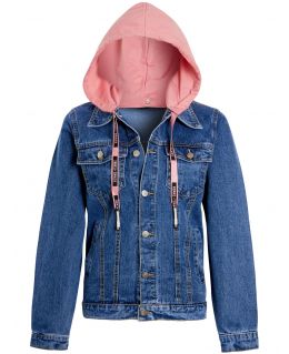 Girls Denim Jacket with Jersey Hood, Pink, White, Grey, Ages 7 to 16 Years