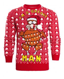 Mens Christmas Jumper Turkey Breast Man, Red, Sizes S to XL