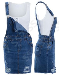 NEW Womens Denim Dungaree Dress Ladies Jean Pinafore Skirt Blue Sizes 8 10 12 14