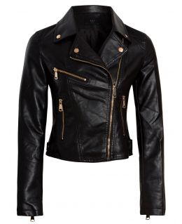 Gold Trim Faux leather Biker Jacket, Pink, Black, UK Sizes 8 to 14