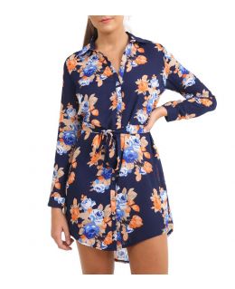 Womens Size 8 to 16 Longline Chiffon Shirt Dress Ladies Floral Dresses Navy Orange
