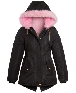 Girls Fleece Lined Parka Coat with Faux Fur Hood, Black, Ages 3 to 14 Years