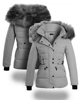 Womens Puffer Jacket with Luxurious Faux Fur, Grey, Sizes 8 to 16