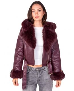 Faux Leather Hooded Biker Jacket with Faux Fur, Black, Brown, Berry, UK Sizes 8 10 12