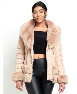 Faux Fur Trim Winter Jacket, Black, Beige, UK Sizes 8 to 16