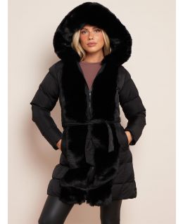 Faux Fur Shower Resistant Winter Coat, Black, UK Sizes 8 to 16