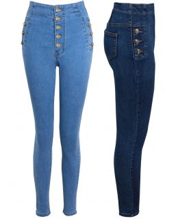 High Waist Jeans Skinny Denim Jeans with Gold Button Detailing, Denim Blue, Indigo, UK Sizes 6 to 14