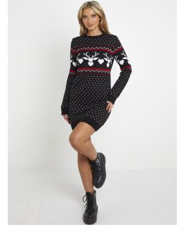 Knitted Reindeer Christmas Jumper Dress, Black, UK sizes 10 to 16