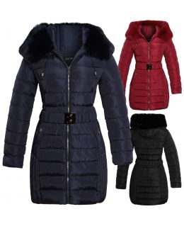 Womens Faux Fur Puffer Parka Coat, Black, Red, Navy, UK Sizes 8 to 16