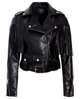 Faux leather Tassel Biker Jacket, Black, Beige, UK Sizes 8 to 14
