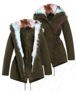 WOMENS PADDED COAT Khaki HOODED Faux Fur PARKA Size 8 10 12 14 16 Fishtail
