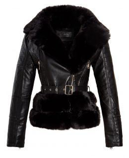 Faux leather Biker Jacket with Luxurious Faux Fur, Black, Stone, UK Sizes 8 to 14
