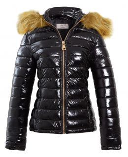 Womens Wet Look Puffer Jacket with Faux Fur