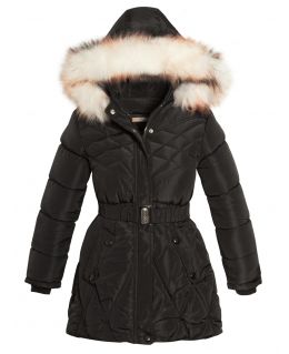 Girls Faux Fur Padded Parka Coat, Pink, Black, Ages 3 to 16 Years