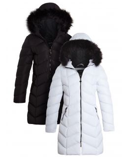 Womens Puffer Coat Mid Length Parka, White, Black, UK Size 8 to 16