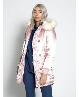 Womens Satin Pink Parka Coat with Faux Fur Trim, UK Sizes 6 to 16