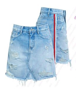  Blue Ripped Denim Skirt with Stripes