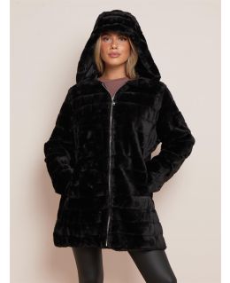 Faux Fur Coat with Oversized Hood, Black, UK Sizes 12 to 18