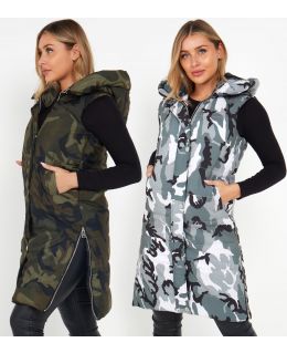 Camo Gilet Bodywarmer Quilted Longline Waistcoat, UK Sizes 8 to 14