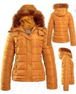 Womens Faux Fur Padded Coat Hooded Parka Mustard Size 8 10 12 14 16