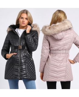 Womens Luxurious Faux Fur Quilted Parka Coat, Black, Champagne, UK Sizes 8 to 16