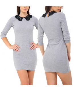 Womens Jersey Shirt Dress Lace Collar Size 8 10 12 14 Grey