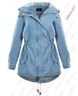 Womens Denim Parka Coat, Stonewash Blue, Mid Blue, UK sizes 8 to 16